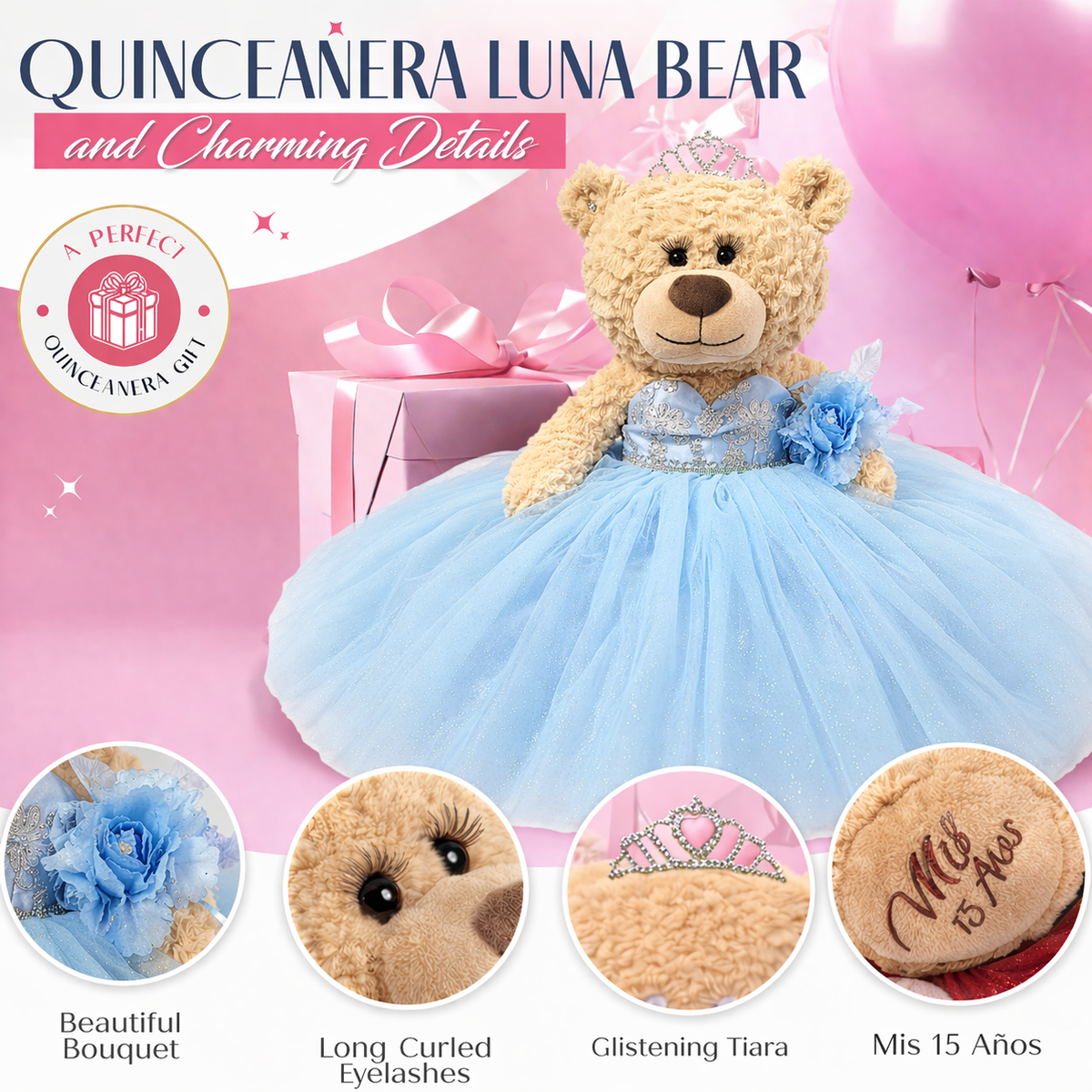 20" Quince Light Brown Bear With Embroidery "Mis 15 Anos" - B16632-4 L Kinnex Dolls 20" Quince Light Brown Bear With Embroidery "Mis 15 Anos" - B16632-4 L Kinnex Dolls