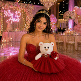 12" Quince White Bear - B09631N-14G Red Dress With Gold Trim