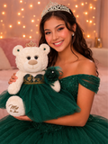 18" Quince White Bear With Embroidery "Mis 15 Anos" B14631-33G (Emerald Green)