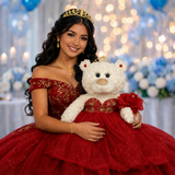 20" Quince White Bear With Embroidery "Mis 15 Anos" - B16631-14G Red With Gold Trim