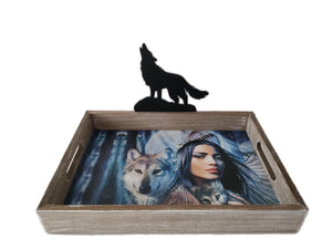 13.25" + 9.5" Wooden Tray With Wolf Symbol By ANDREW FARLEY DBV13411C