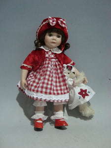 14" Xmas Brunette Hair Girl Doll With Bear In Red KC14201