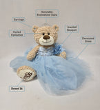 20" Sweet 16 Light Brown Bear With Embroidery "Sweet 16"- B16632A-15G Royal Blue With Gold Trim