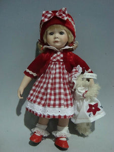 14" Xmas Blonde Hair Girl Doll With Bear In Red KC14201A - Kinnex Dolls | KC1421A |